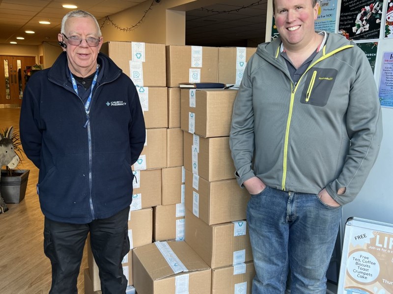 Pictured from left to right: Kevin (Church Pharmacy) Tim (Coalville Food Bank)